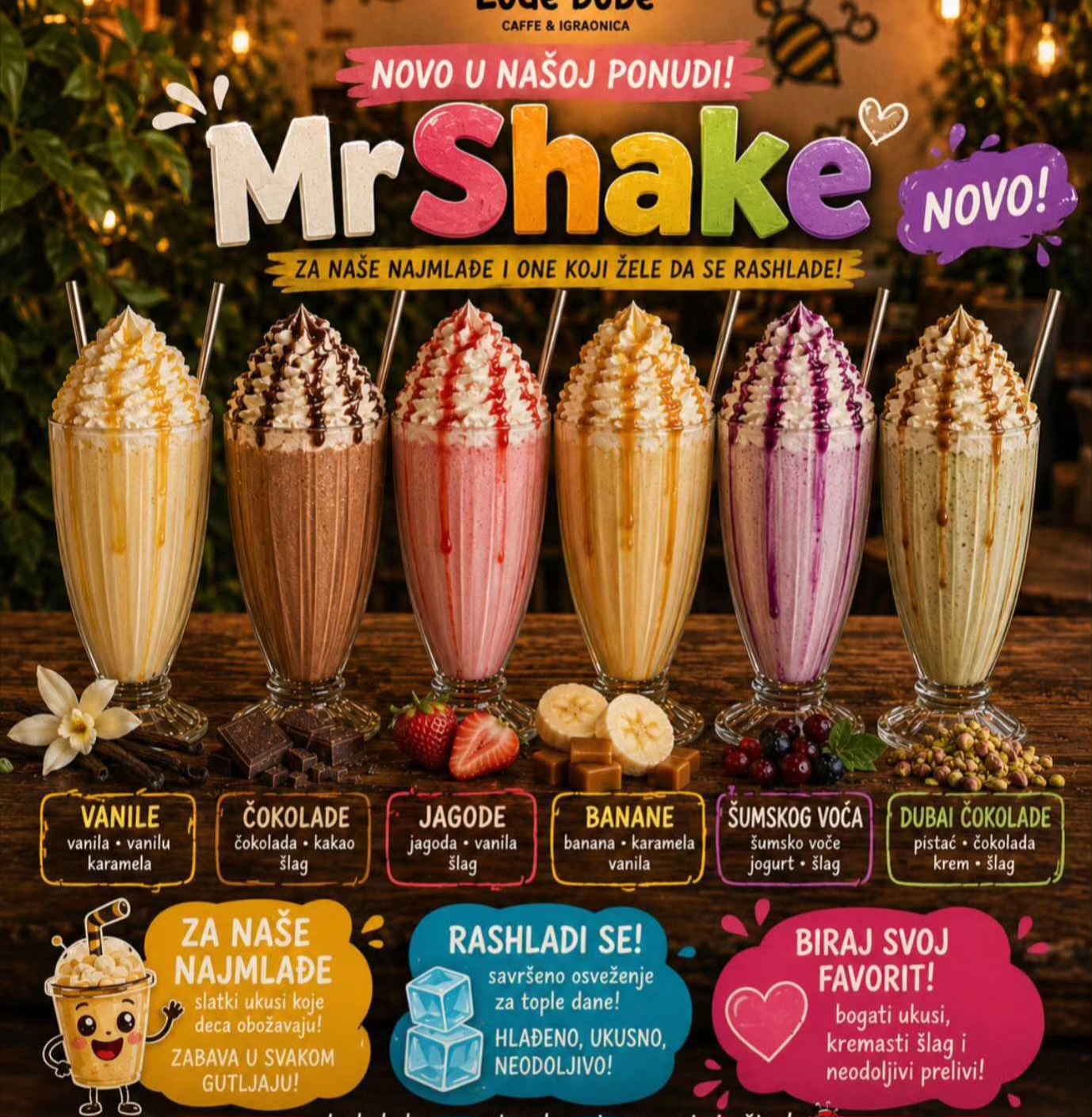 MILK SHAKE MR.SHAKE 25g. vanila,cokolada,banana,dubai,jagoda,sumsko voce.